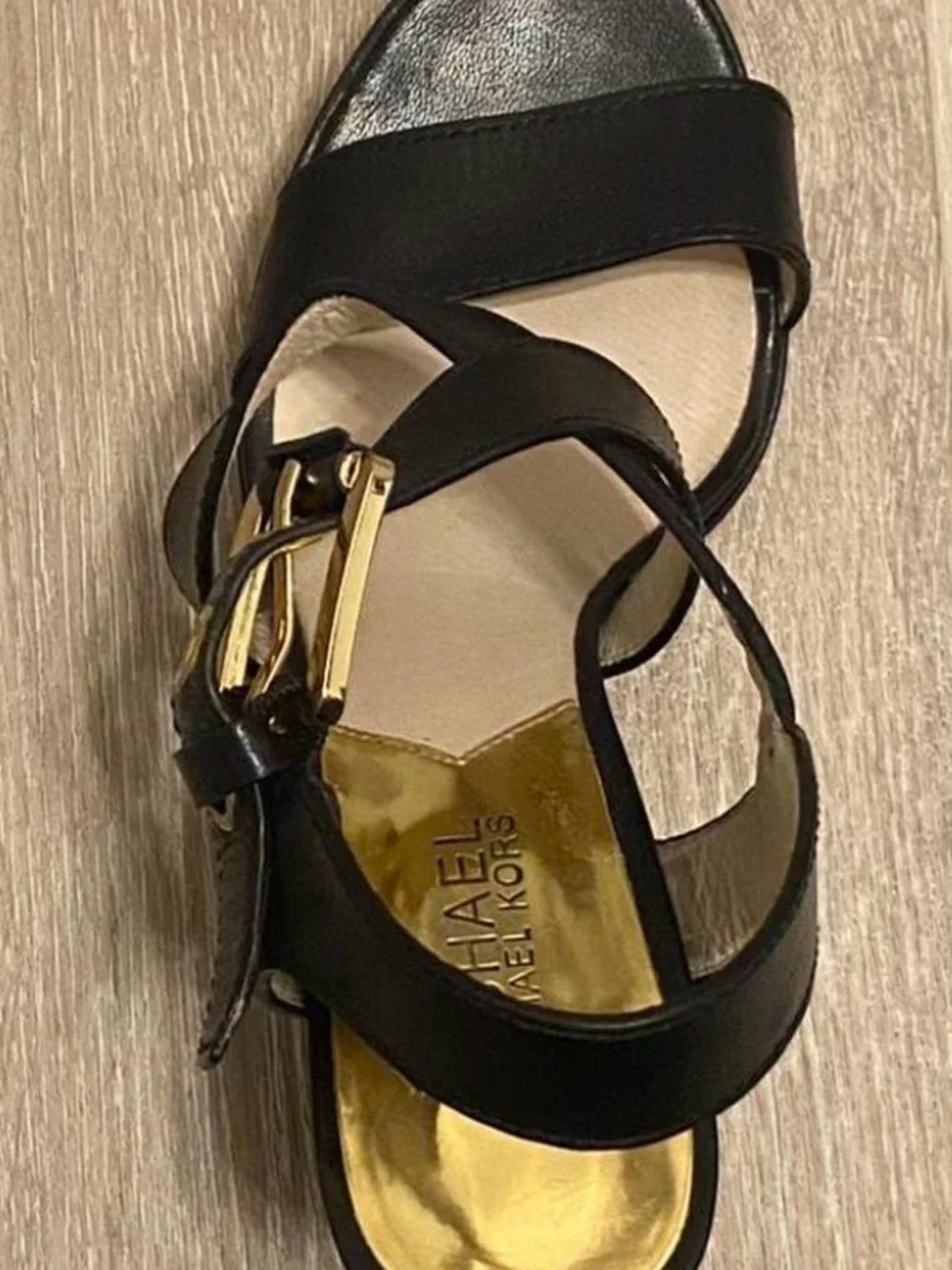 Michael Kors Black Leather Strappy Sandals with Gold Insole